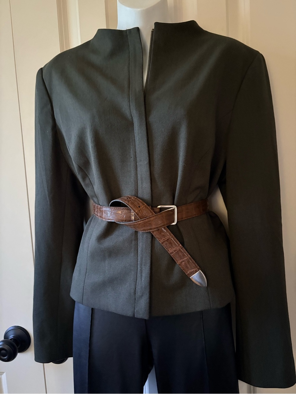 Olive Zip-Front Women's Jacket size 12, belt not included